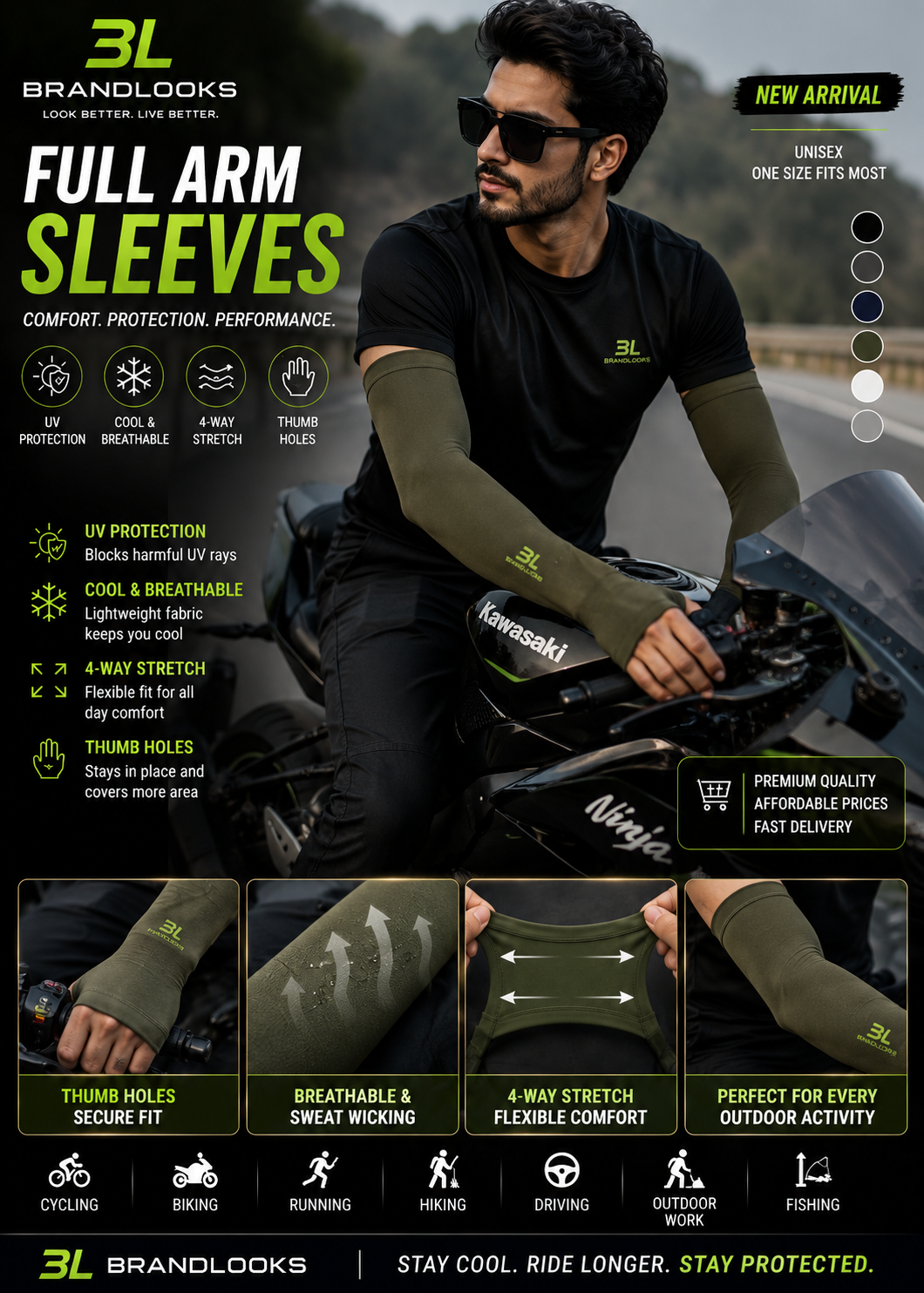 BrandLooks™ ProFlex UV Arm Sleeves – 4-Way Stretch Cooling Sun Protection with Thumb Holes for Cycling, Riding & Outdoor Sports (Black)