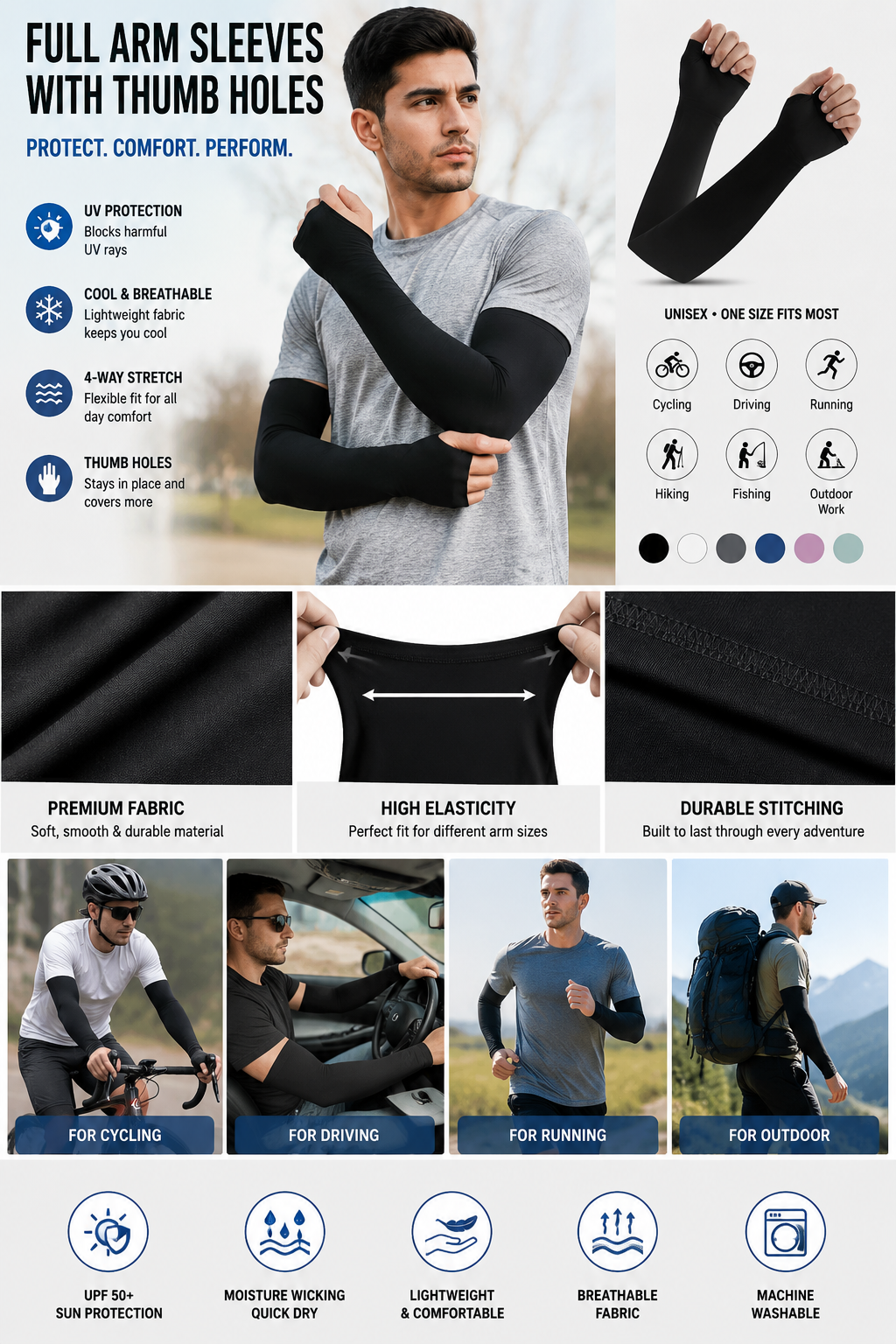 BrandLooks™ ProFlex UV Arm Sleeves – 4-Way Stretch Cooling Sun Protection with Thumb Holes for Cycling, Riding & Outdoor Sports (Black)